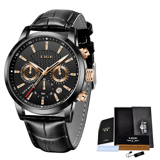 2023 New Mens Watch LIGE Top Brand Leather Chronograph