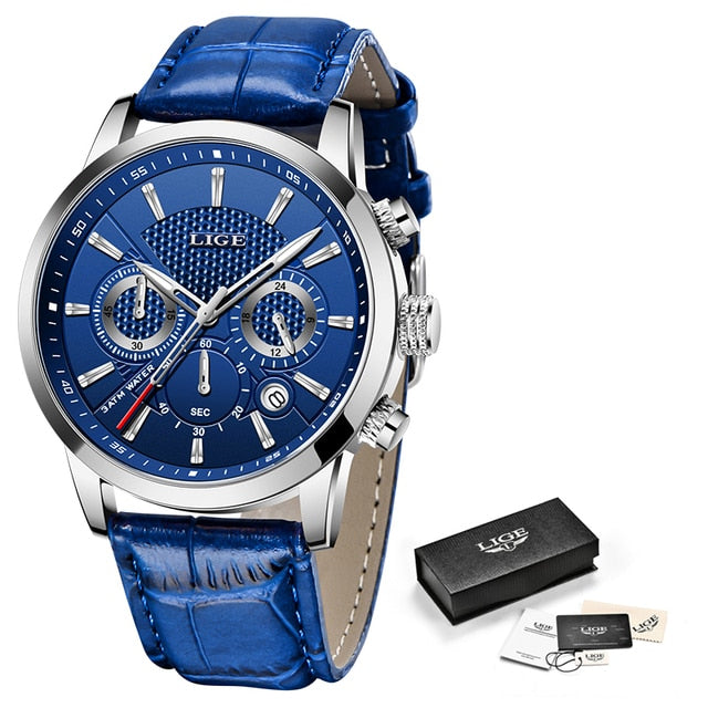 2023 New Mens Watch LIGE Top Brand Leather Chronograph