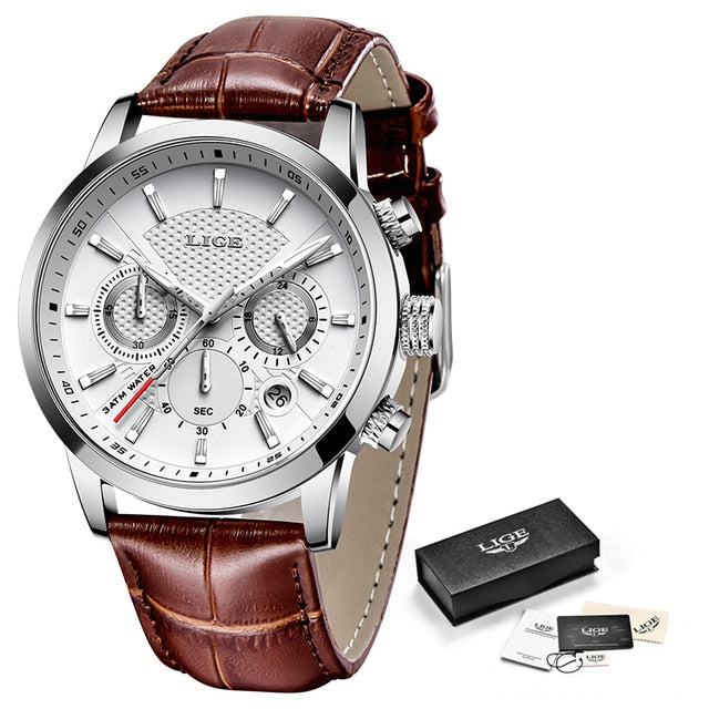 2023 New Mens Watch LIGE Top Brand Leather Chronograph