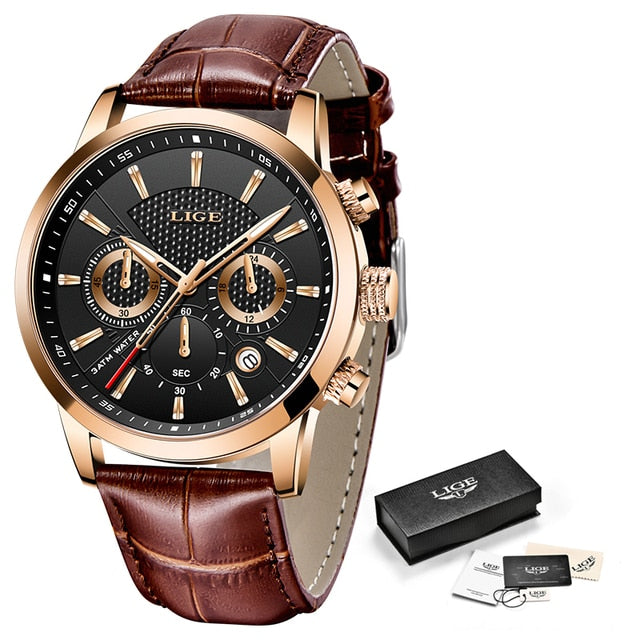 2023 New Mens Watch LIGE Top Brand Leather Chronograph