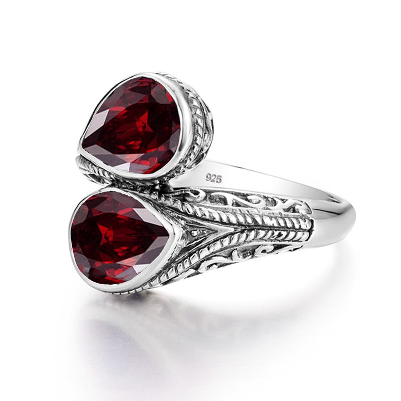 Pure 925 Sterling Silver 2 Stones Womens Garnet Ring Vintage Jewelry Gothic Tear Drop