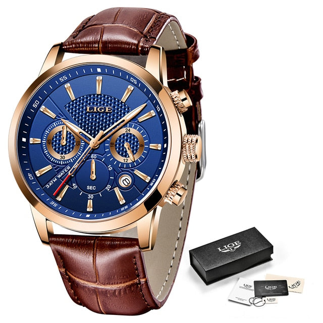 2023 New Mens Watch LIGE Top Brand Leather Chronograph