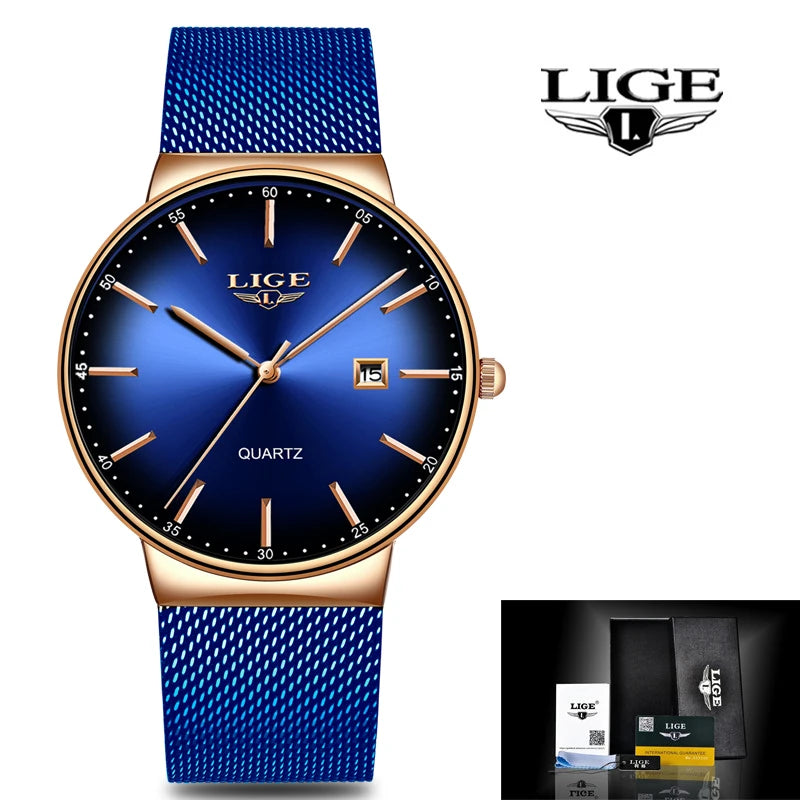 2023 LIGE Mens Watches Top Brand Luxury Gold Watch Sports Casual Mesh Stainless Steel Waterproof Watch for Men Relogio Masculino