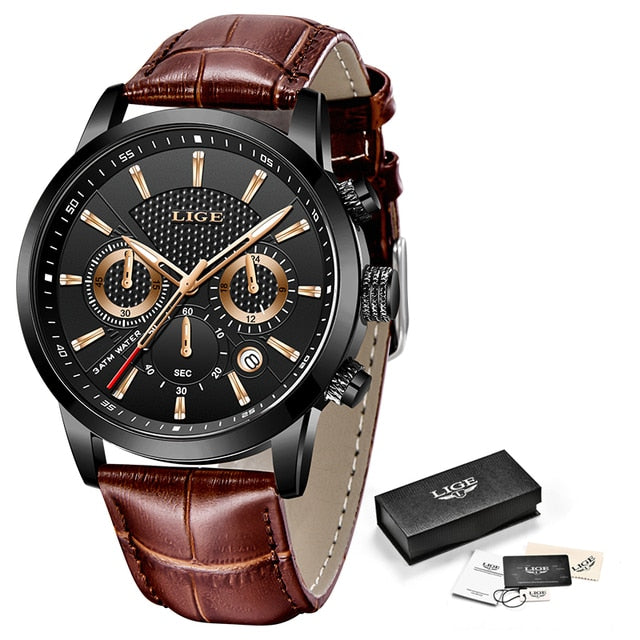 2023 New Mens Watch LIGE Top Brand Leather Chronograph