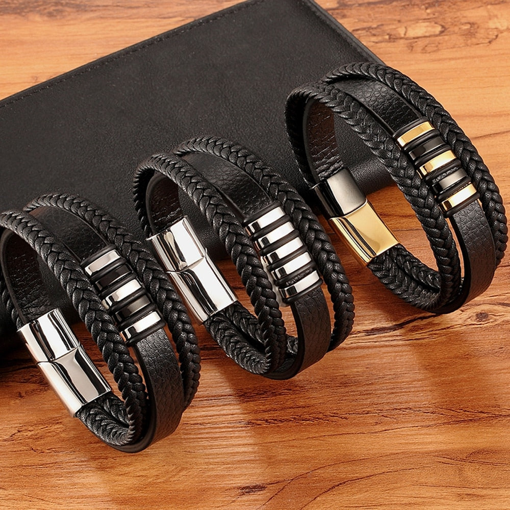 Black Punk Style Design Leather Bracelet for Men