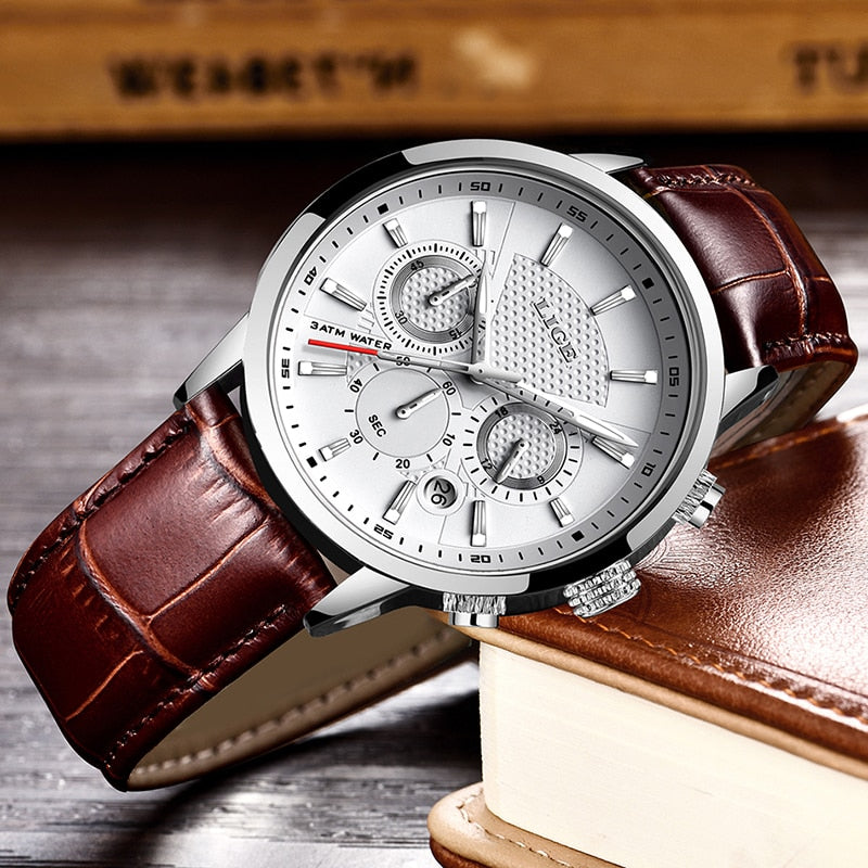 2023 New Mens Watch LIGE Top Brand Leather Chronograph