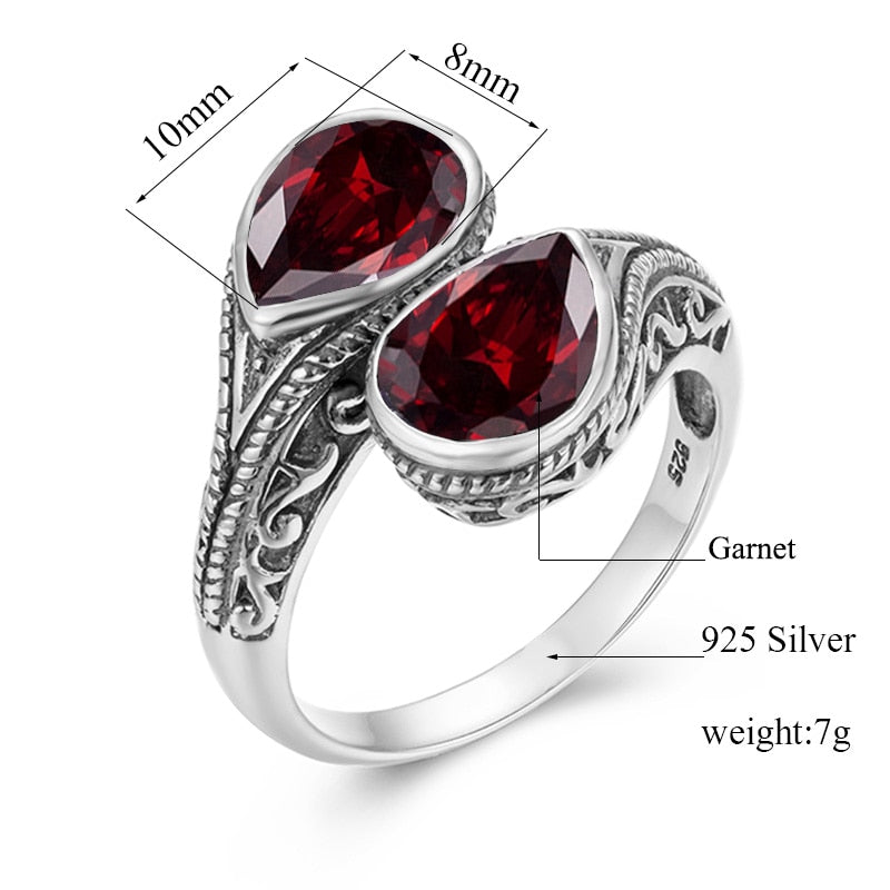 Pure 925 Sterling Silver 2 Stones Womens Garnet Ring Vintage Jewelry Gothic Tear Drop