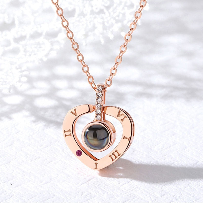 Round/Heart Pendant Necklace for Women with 100 Language "I LOVE YOU"