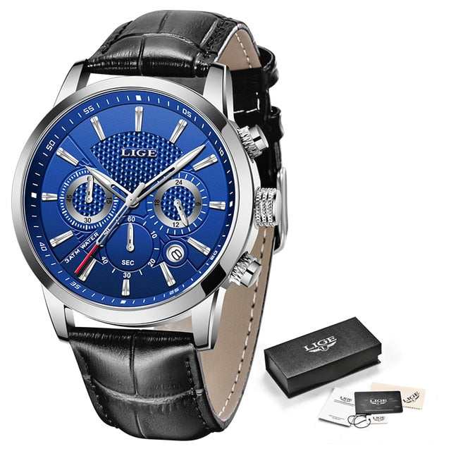 2023 New Mens Watch LIGE Top Brand Leather Chronograph