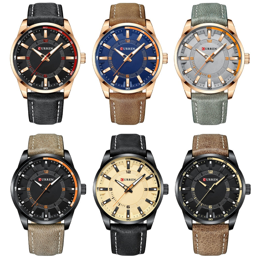 Fashion Brand Watch for Men Leather Strap Quartz Wristwatch