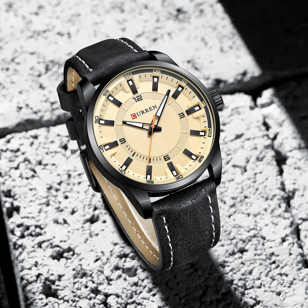 Fashion Brand Watch for Men Leather Strap Quartz Wristwatch