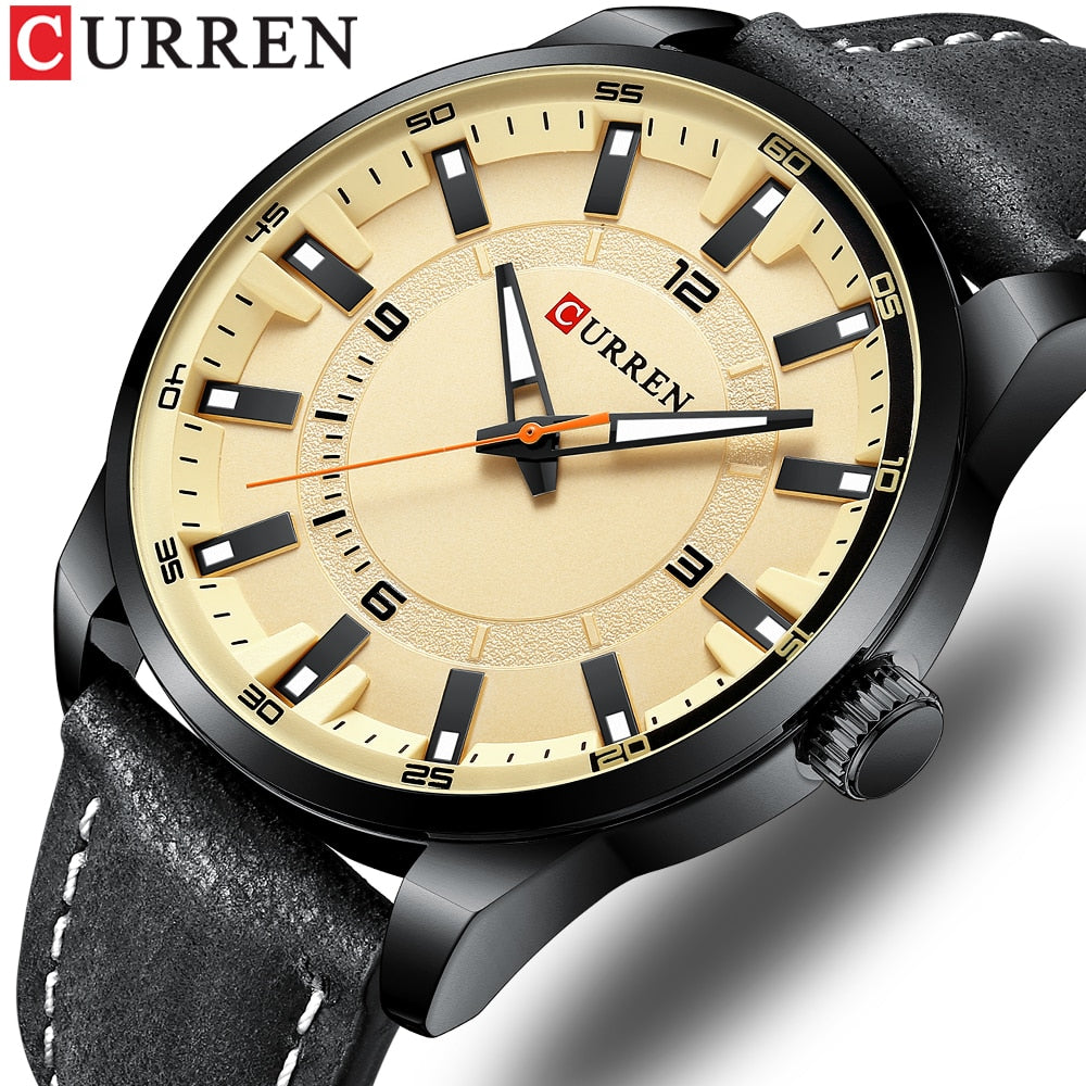 Fashion Brand Watch for Men Leather Strap Quartz Wristwatch