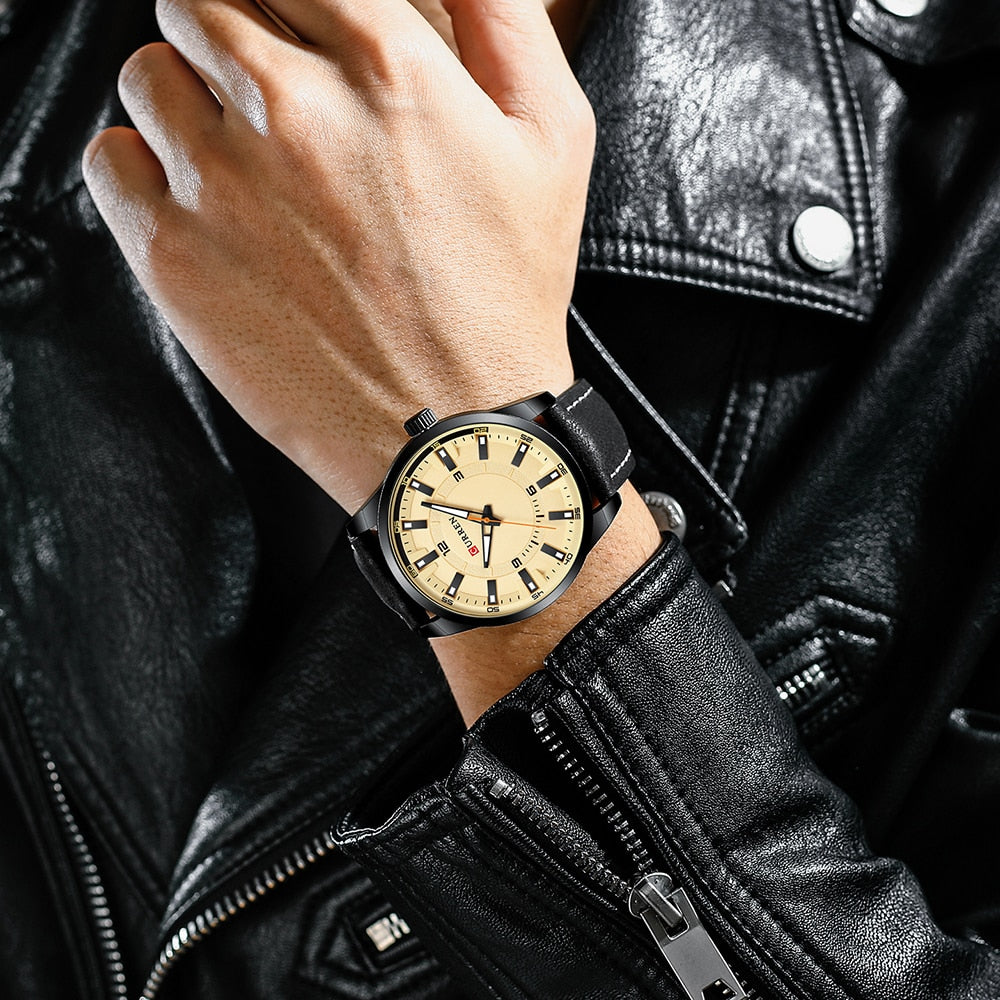 Fashion Brand Watch for Men Leather Strap Quartz Wristwatch