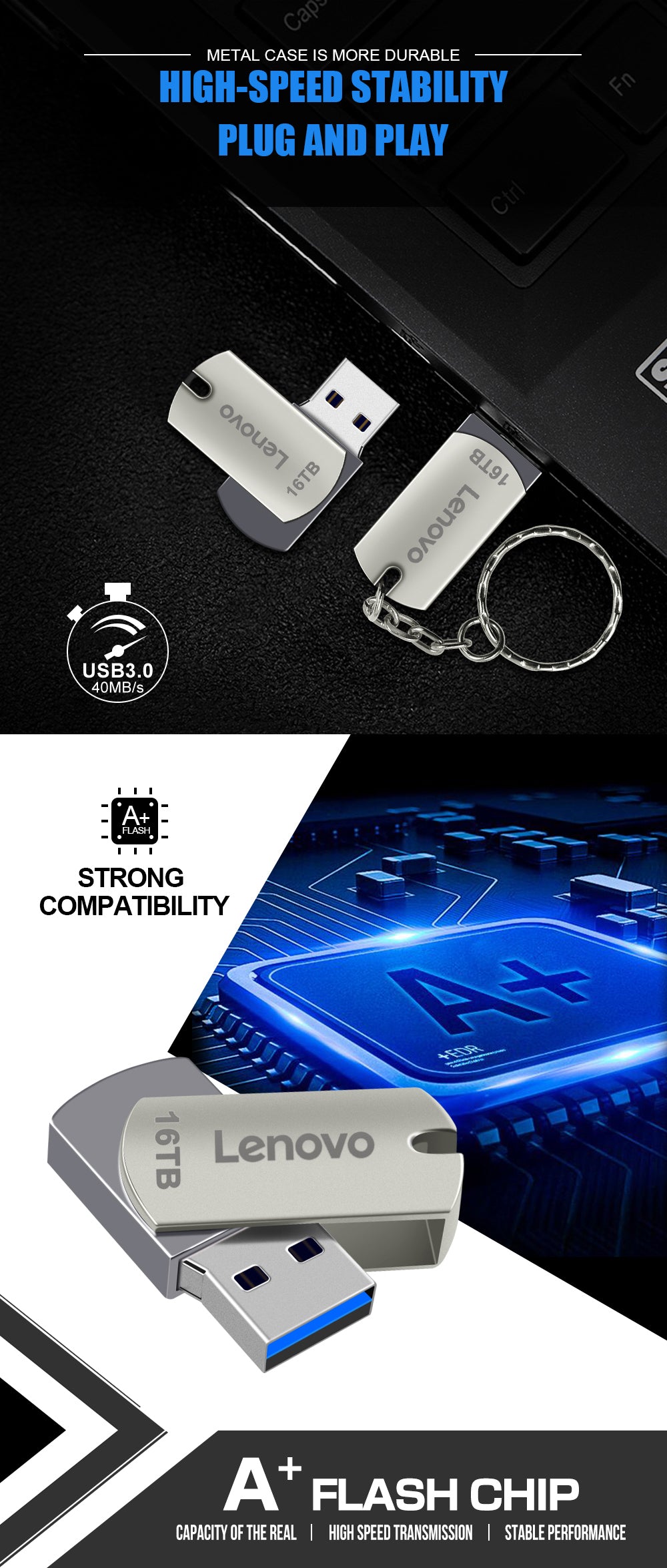 Lenovo USB 3.0 Pendrive 16TB High Speed Flash Metal Pen Drive