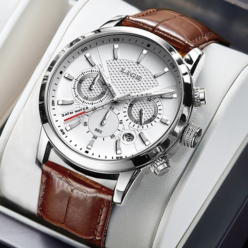 2023 New Mens Watch LIGE Top Brand Leather Chronograph