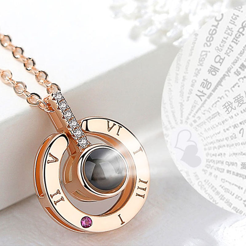 Round/Heart Pendant Necklace for Women with 100 Language "I LOVE YOU"