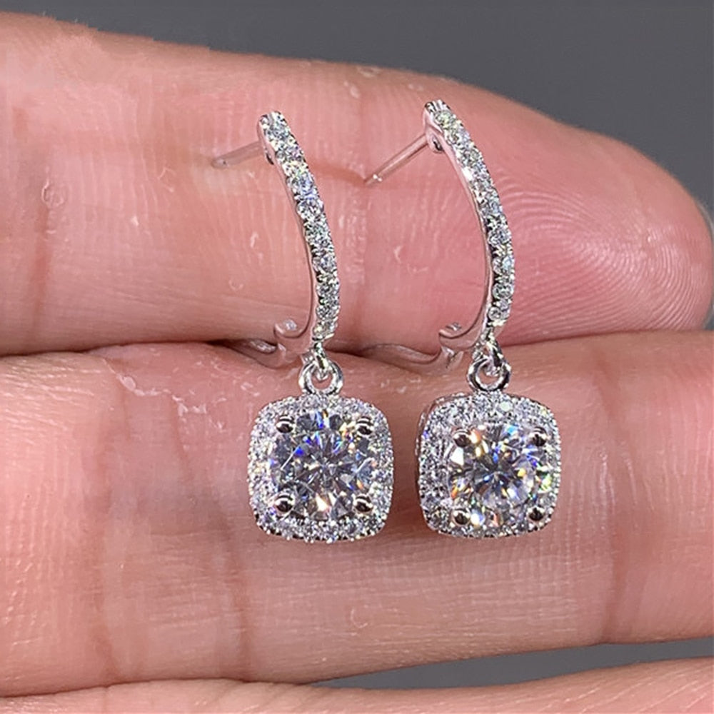 Square Shape Drop Brilliant Bridal Engagement Wedding Dangle Earrings