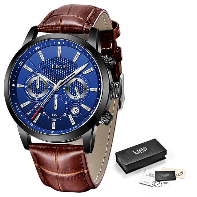 2023 New Mens Watch LIGE Top Brand Leather Chronograph