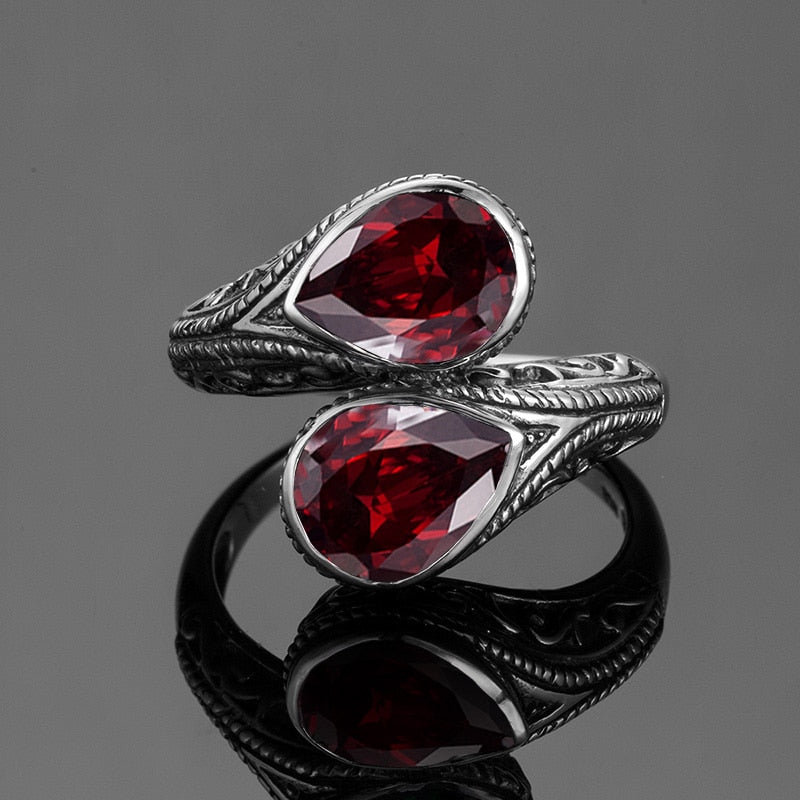 Pure 925 Sterling Silver 2 Stones Womens Garnet Ring Vintage Jewelry Gothic Tear Drop