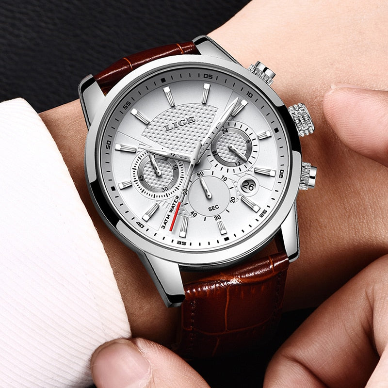 2023 New Mens Watch LIGE Top Brand Leather Chronograph