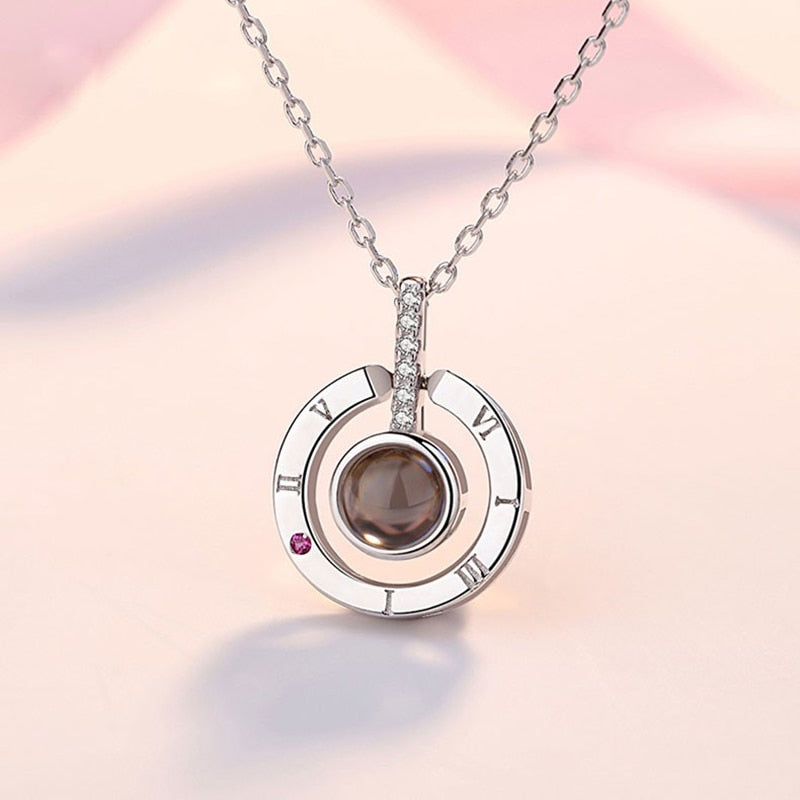 Round/Heart Pendant Necklace for Women with 100 Language "I LOVE YOU"