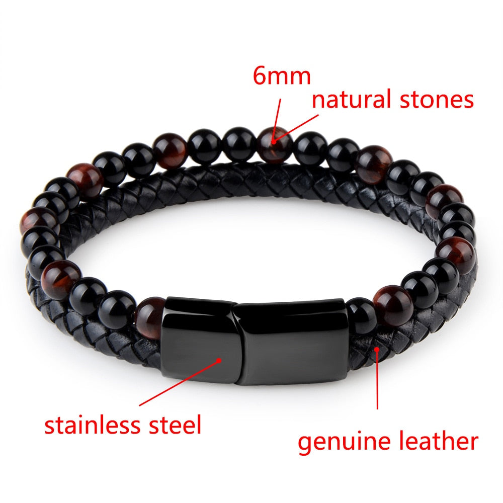 Natural Stone Bracelet Genuine Leather Tiger eye Bead Bangle Men Jewelry