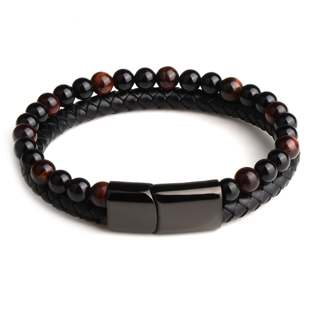 Natural Stone Bracelet Genuine Leather Tiger eye Bead Bangle Men Jewelry