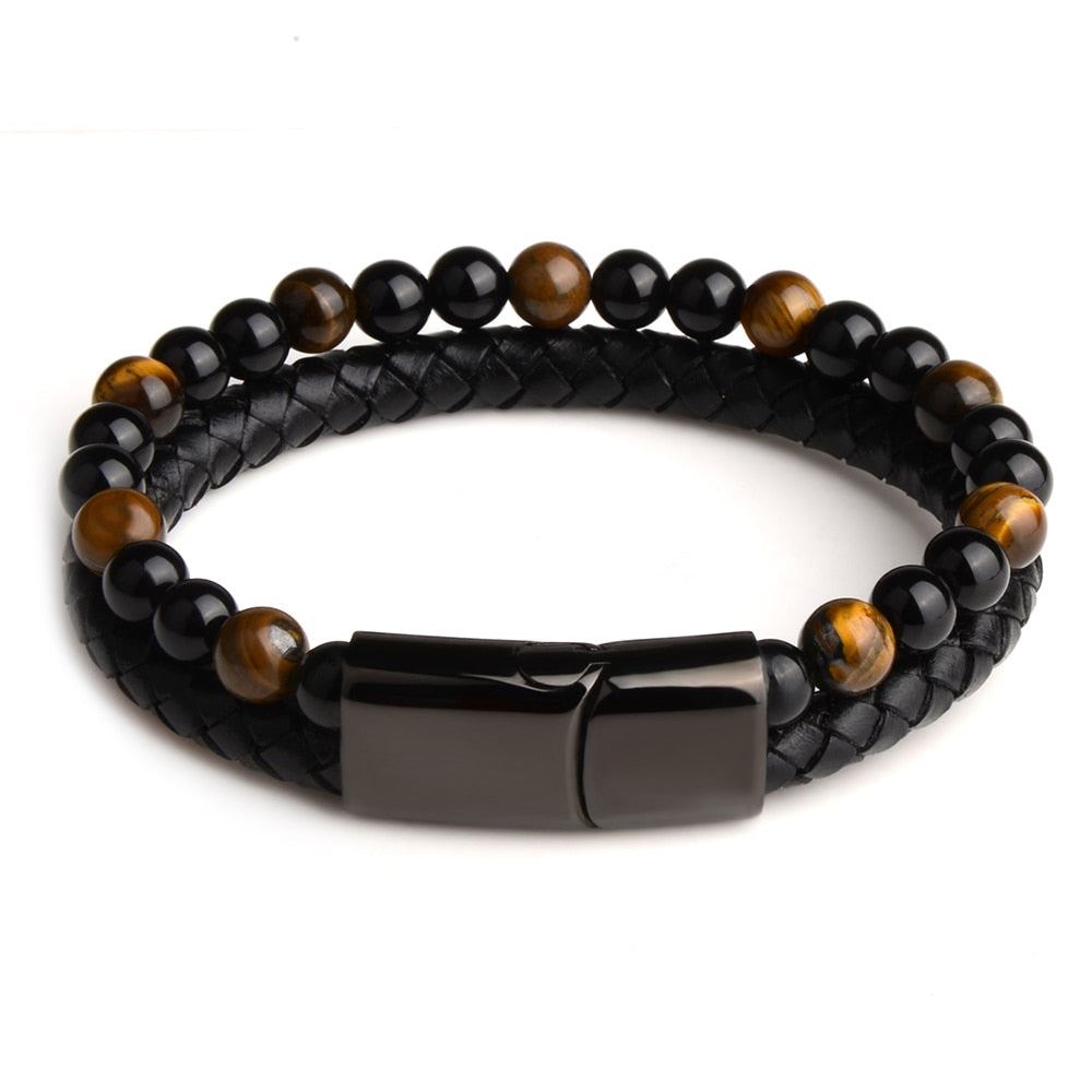 Natural Stone Bracelet Genuine Leather Tiger eye Bead Bangle Men Jewelry