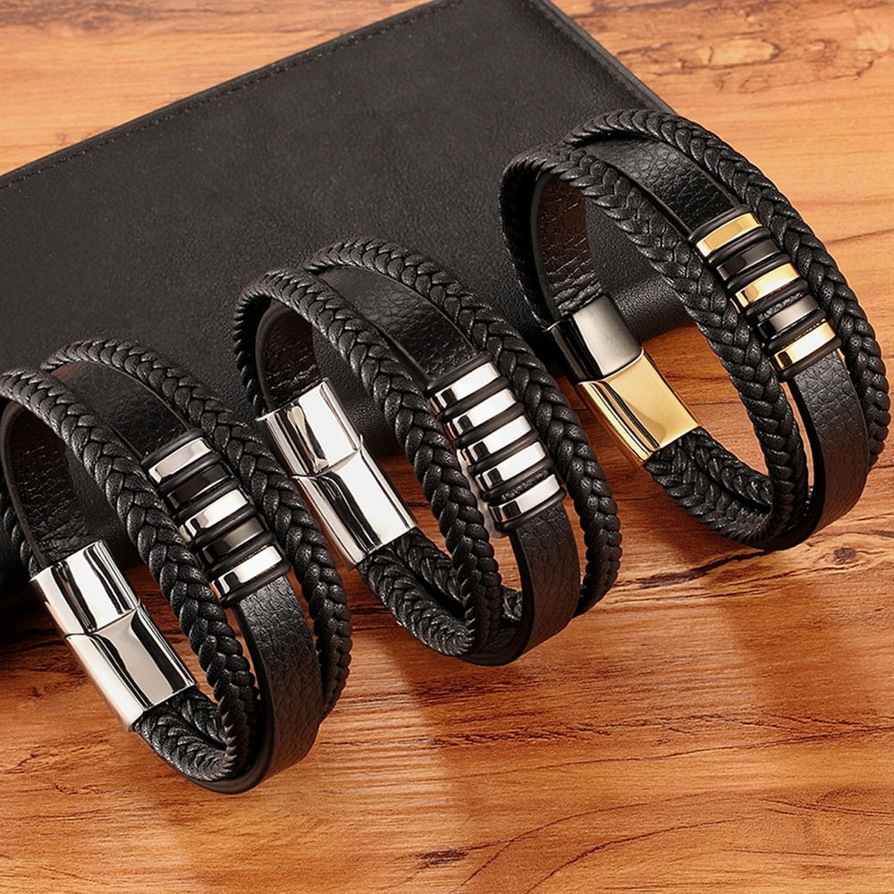 Black Punk Style Design Läder Armband för Män