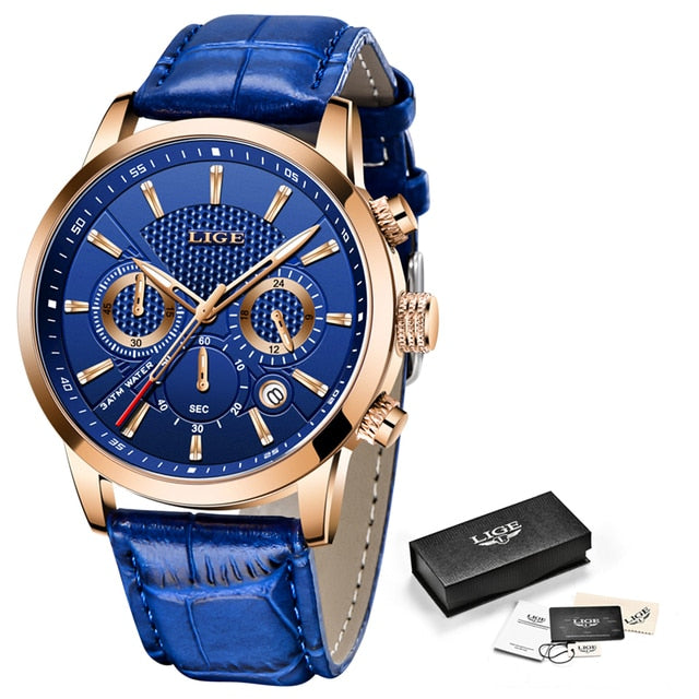 2023 New Mens Watch LIGE Top Brand Leather Chronograph