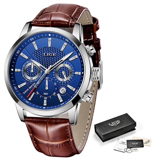 2023 New Mens Watch LIGE Top Brand Leather Chronograph