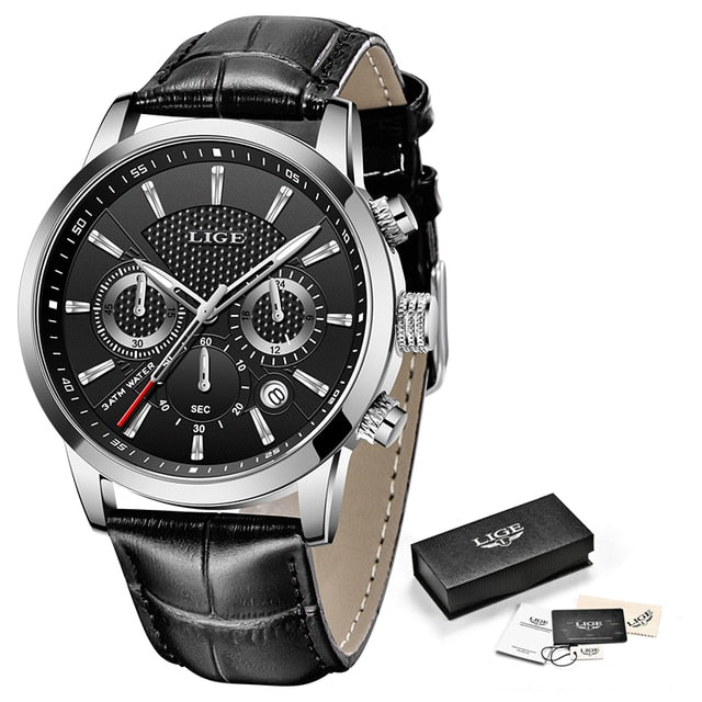 2023 New Mens Watch LIGE Top Brand Leather Chronograph