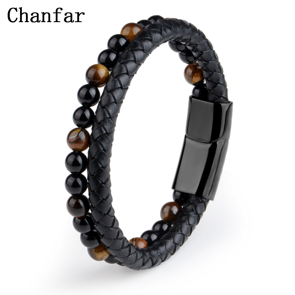 Natural Stone Bracelet Genuine Leather Tiger eye Bead Bangle Men Jewelry