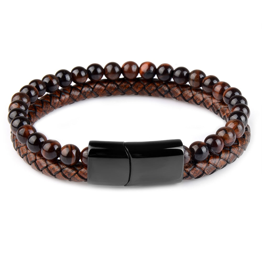 Natural Stone Bracelet Genuine Leather Tiger eye Bead Bangle Men Jewelry