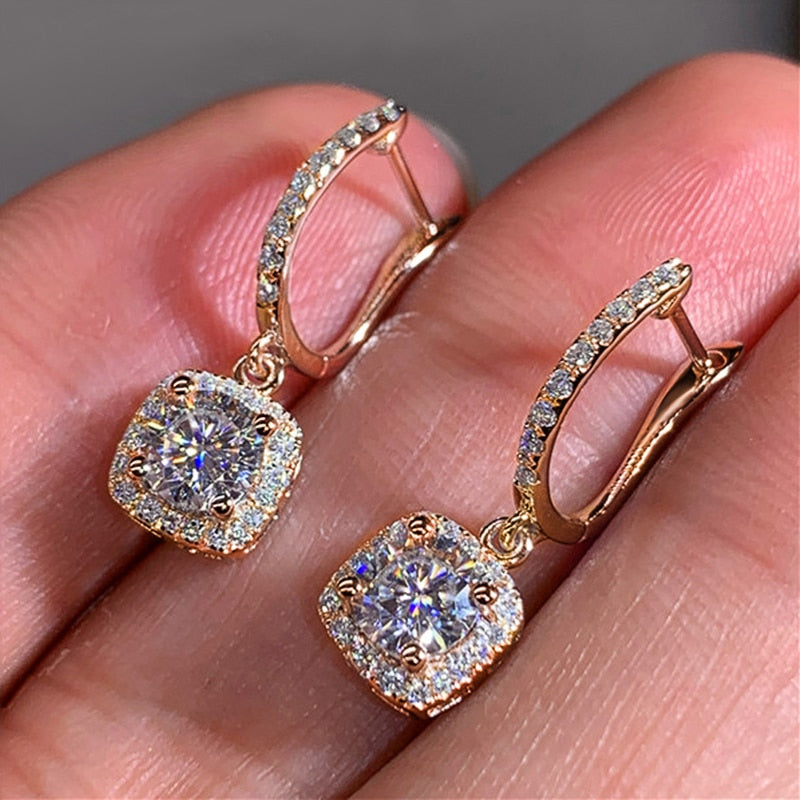 Square Shape Drop Brilliant Bridal Engagement Wedding Dangle Earrings