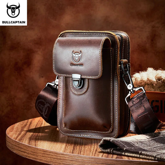 BULLCAPTAIN Crazy Horse Leather Men's Small Chest Shoulder Belt Bag