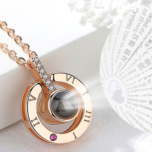 Round/Heart Pendant Necklace for Women with 100 Language "I LOVE YOU"