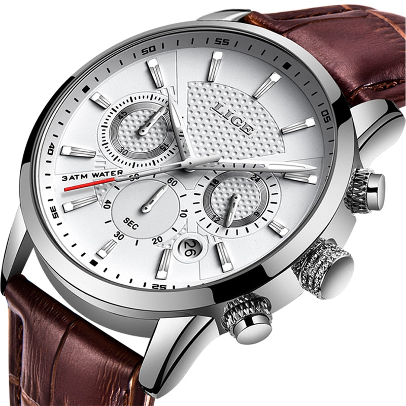 2023 New Mens Watch LIGE Top Brand Leather Chronograph