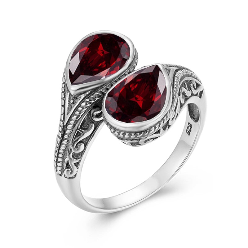 Pure 925 Sterling Silver 2 Stones Womens Garnet Ring Vintage Jewelry Gothic Tear Drop