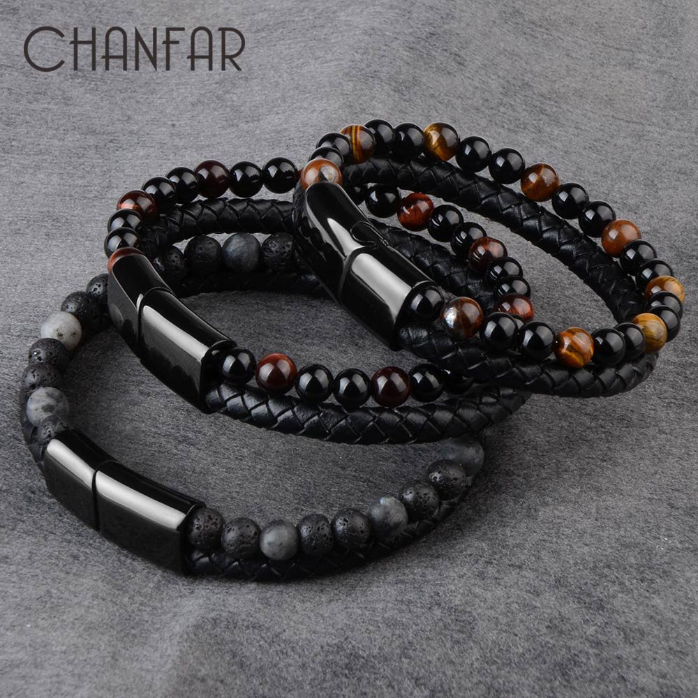 Natural Stone Bracelet Genuine Leather Tiger eye Bead Bangle Men Jewelry